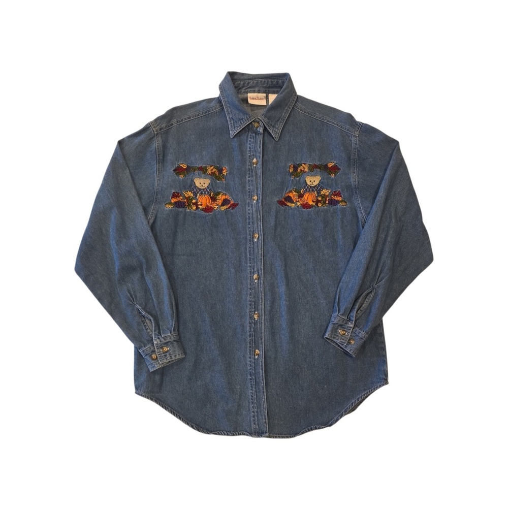 Vintage Bobbie Brooks Denim Shirt Women S Teddy Bear Fall Pumpkin Embroidered